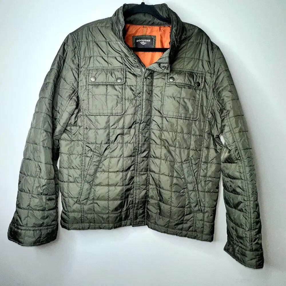 Dockers Unisex Size Large Olive Green Long Sleeve Puffer Lightweight Jacket